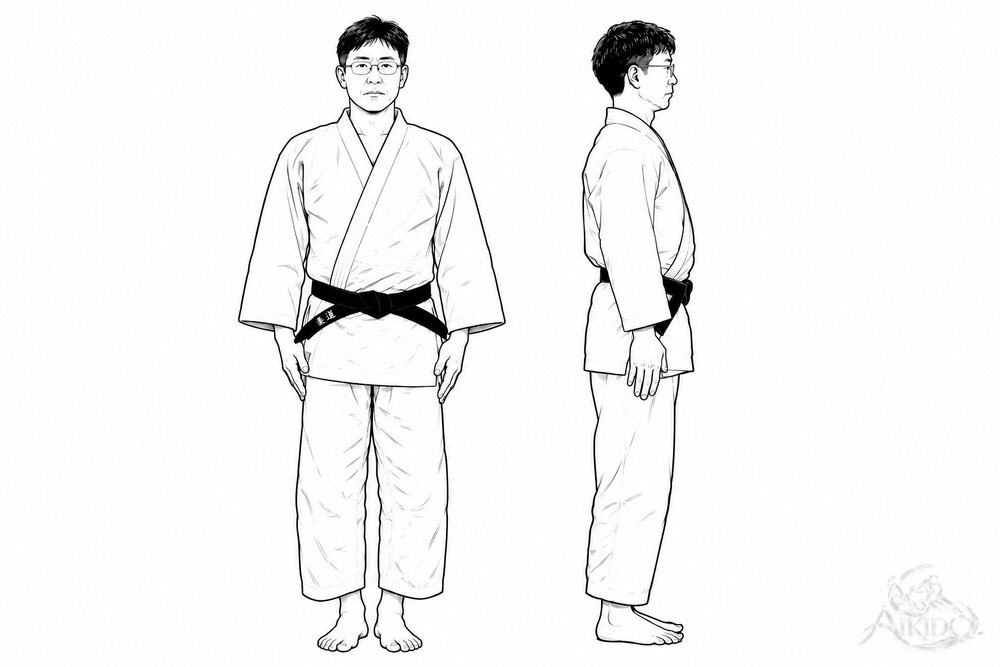 도복 차림. 정면과 옆모습.