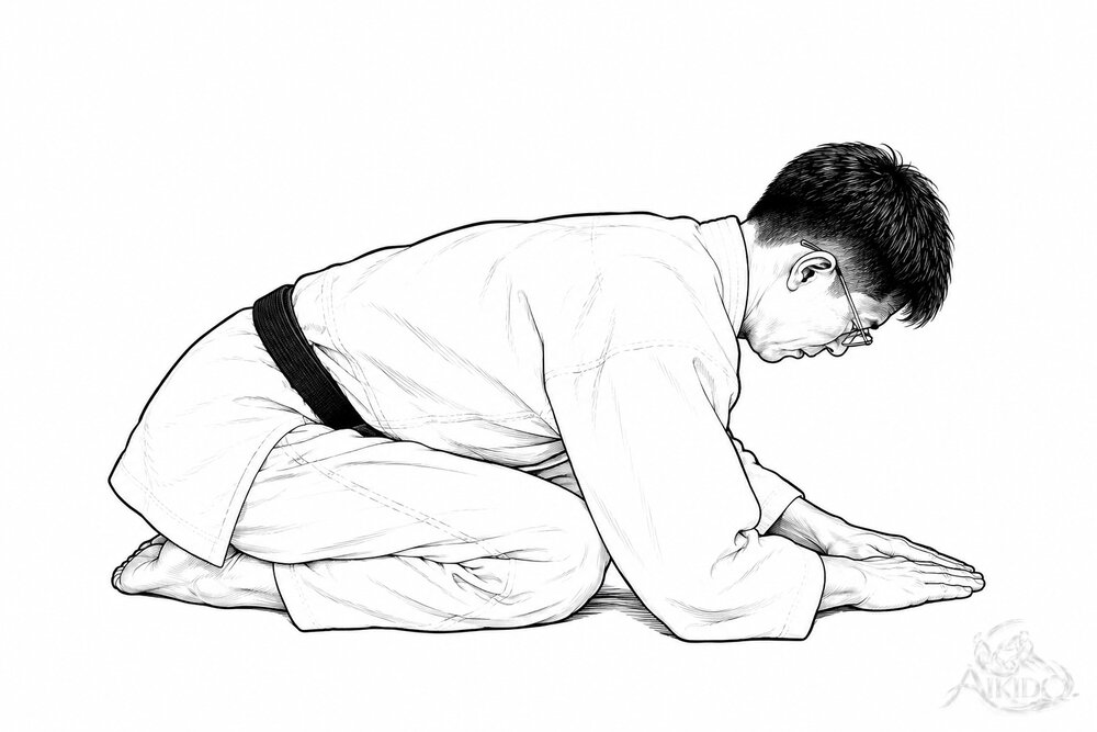 옆에서 본 좌례. 고개만 숙이지 않고 등을 편 채 몸 전체를 앞으로 기울인다.