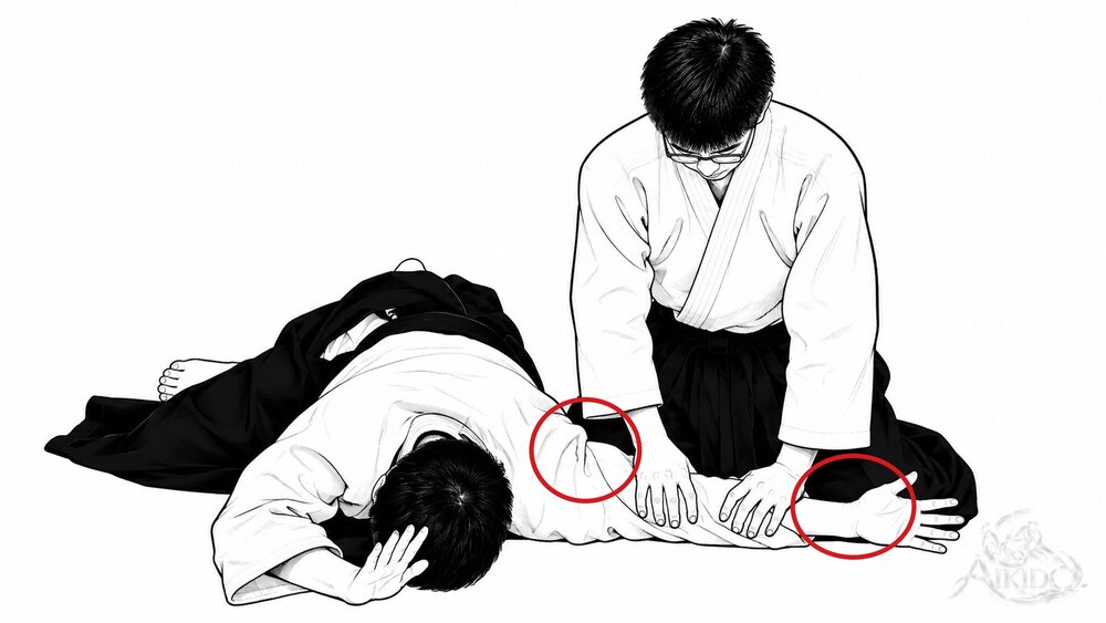 누르는 요점 — 3. 무릎은 각각 상대의 겨드랑이와 손목에.