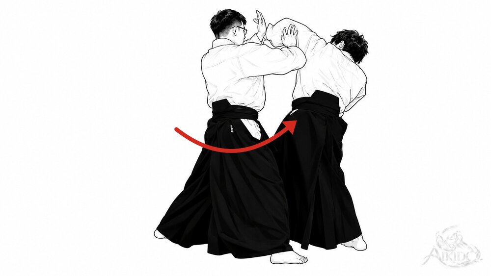 전환하면서 수도를 베어 내린다 — 1. 상대 옆으로 입신하며 허리를 돌린다.
