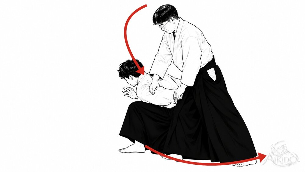 전환하면서 수도를 베어 내린다 — 2. 뒷발을 크게 당겨 전환하며 수도를 아래로 베어 내린다.
