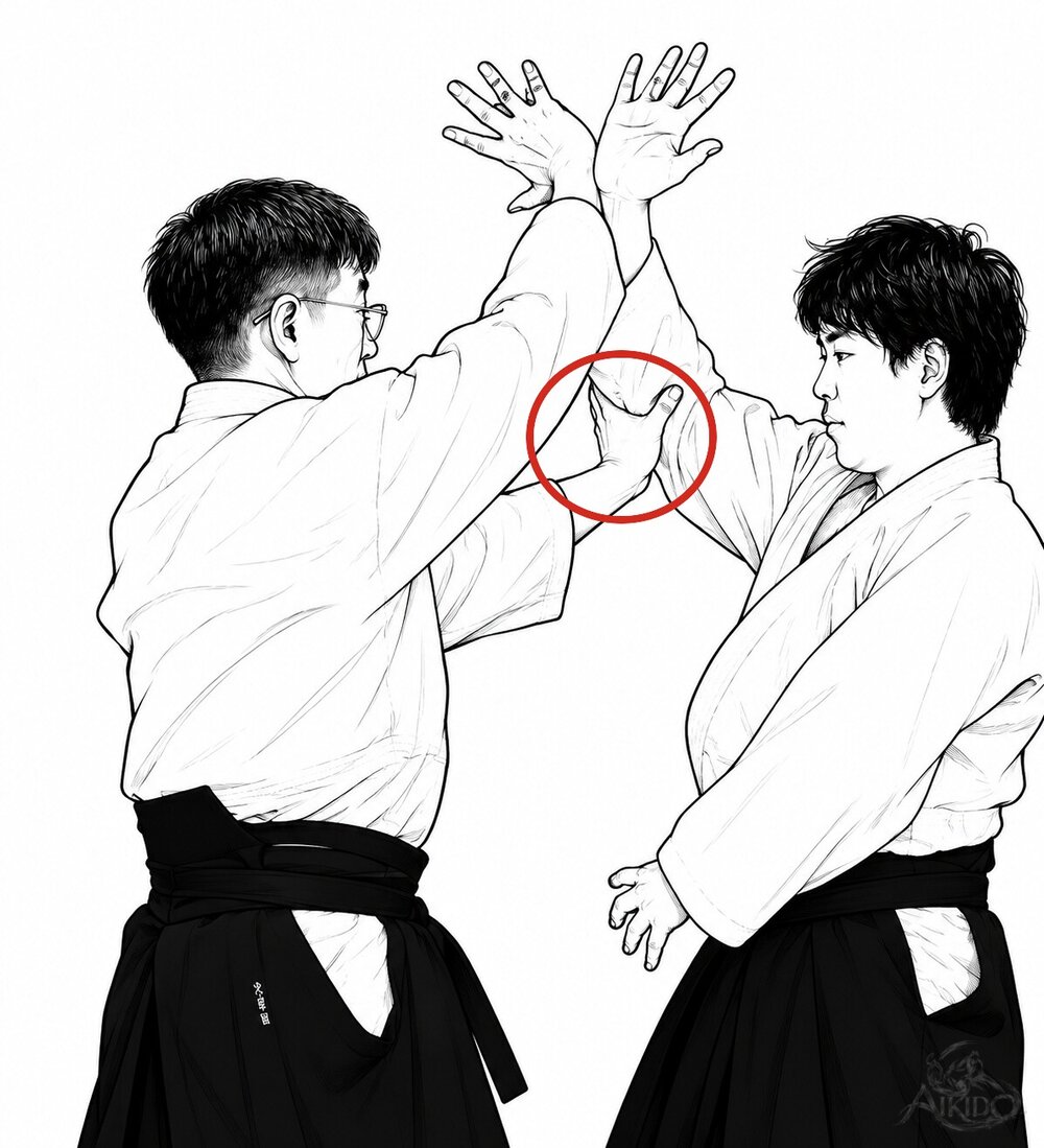 팔꿈치를 돌리며 베어 내린다 — 1. 정면 치기를 제압하며 왼손으로 상대 팔꿈치를 잡는다.