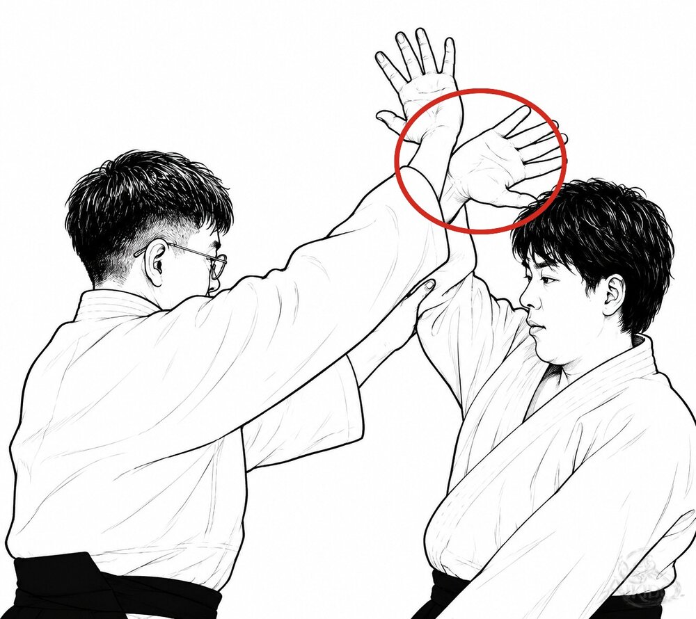 손 안쪽을 잡는다 — 1. 수도로 제압한 순간에는 아직 손목을 잡지 않는다.