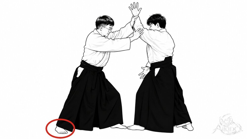 뒷발을 상대 앞발 바깥쪽으로 — 1. 정면 치기를 제압하는 순간의 발 위치.