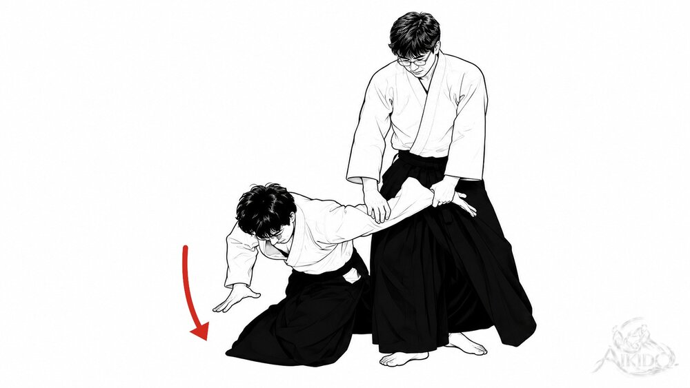 우라의 낙법 — 1. 안쪽 무릎부터 바닥에 댄다.