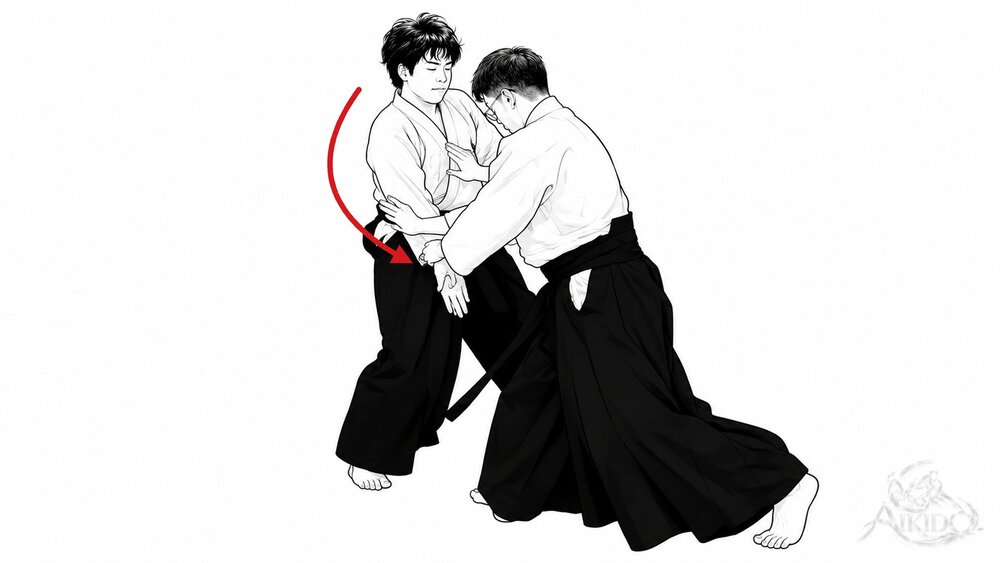 횡면 치기 사방 던지기 우라의 요점 — 1. 전신하며 수도를 내 중심으로 베어 내린다.