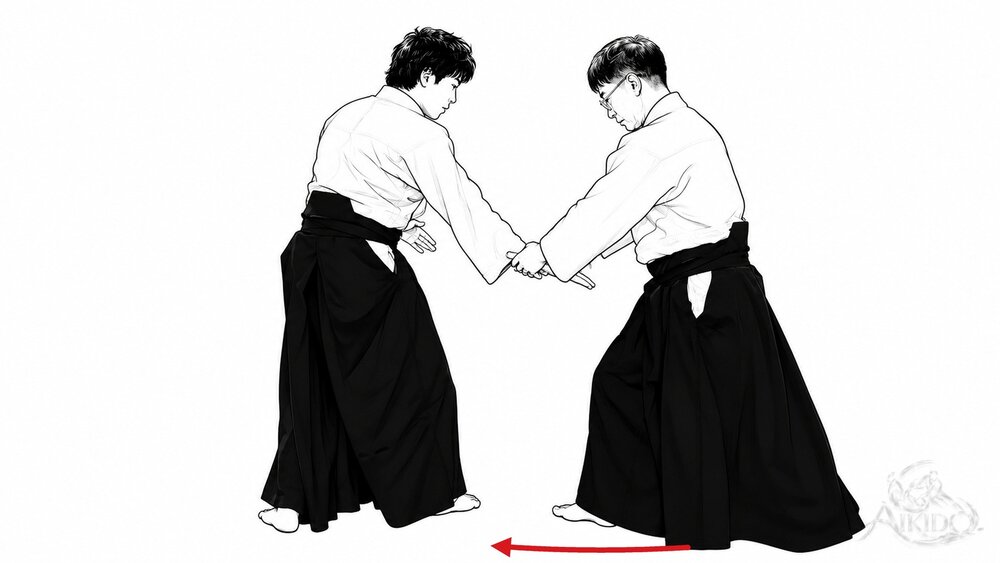 횡면 치기 사방 던지기 우라의 요점 — 2. 상대 앞발 바깥쪽으로 한 걸음 내딛는다.