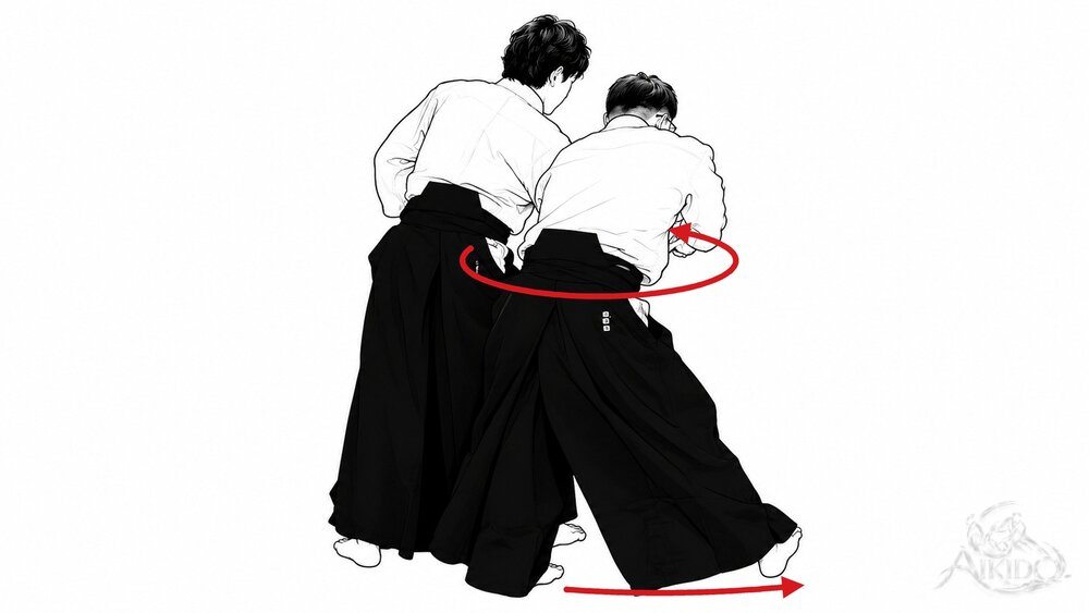 횡면 치기 사방 던지기 우라의 요점 — 3. 그 발을 축으로 뒷발을 크게 당기며 상대 등 쪽으로 전환한다.