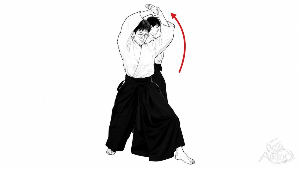 횡면 치기 사방 던지기 우라의 요점 — 4. 몸 중심으로 두 손을 베어 올린다.