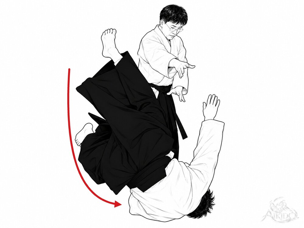 한손 잡기 내회전 던지기의 요점 — 5. 우케는 전방 회전 낙법으로 앞으로 넘어간다.