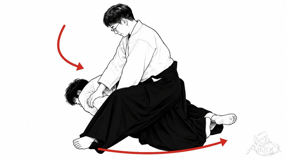 전환하면서 상대를 이끈다 — 몸의 회전에 맞춰 상대를 감아 넣듯 아래로 이끈다.