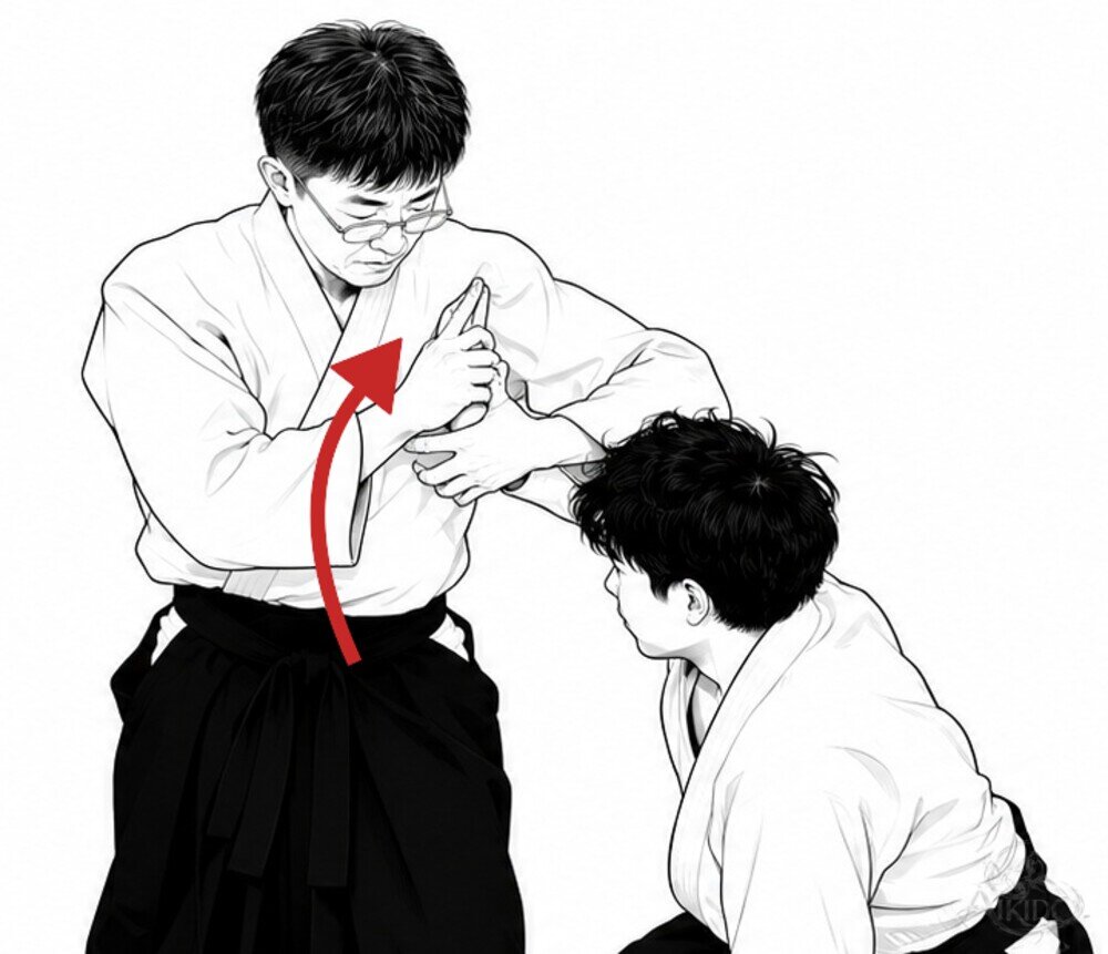 상대의 손을 어깨 앞으로 이끈다 — 3. 오른손으로 상대 손을 어깨 앞까지 이끈다.