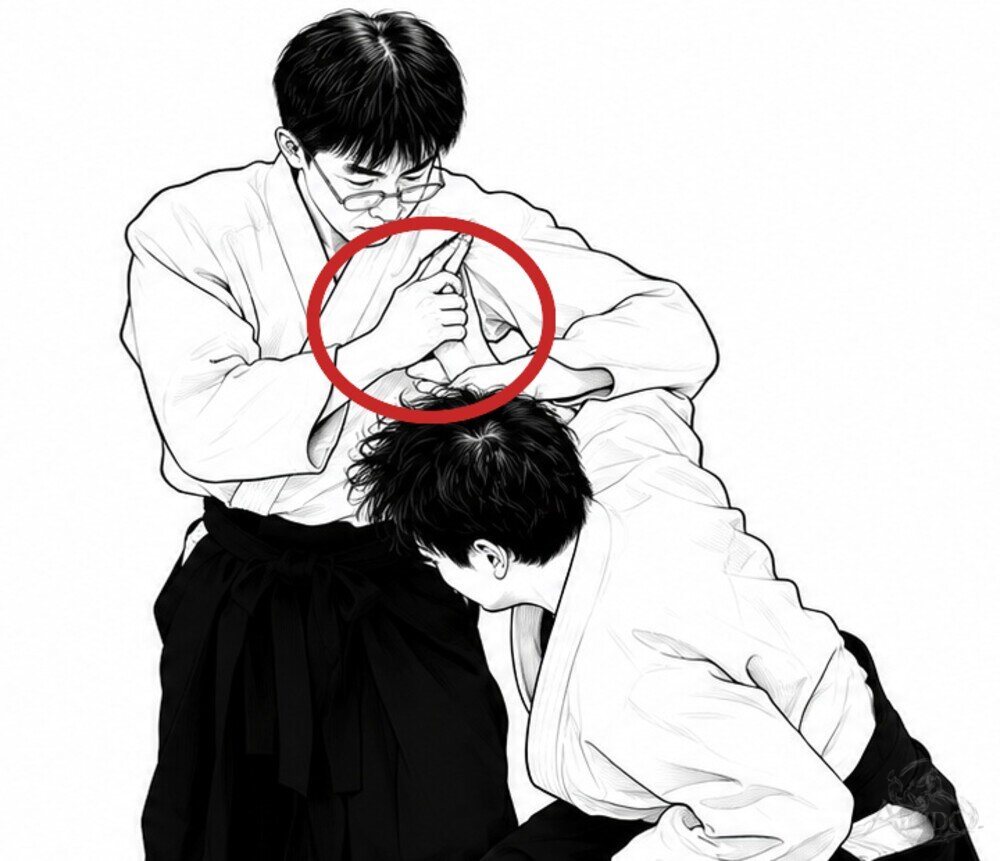 손목 관절을 제압하는 법 — 1. 엄지와 검지 면을 어깨 앞에 붙이고 손목을 잡는다.