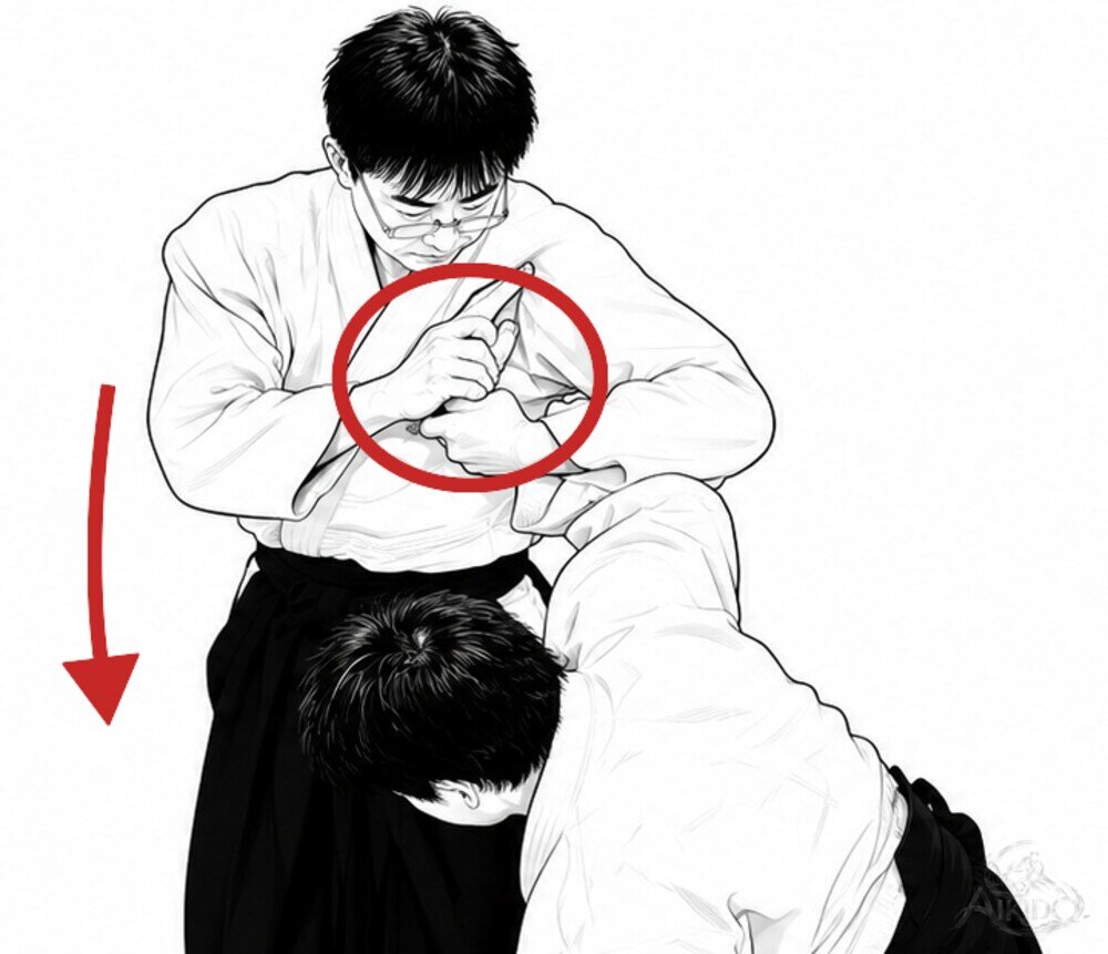 손목 관절을 제압하는 법 — 2. 몸째로 중심을 내려 손목을 제압한다.