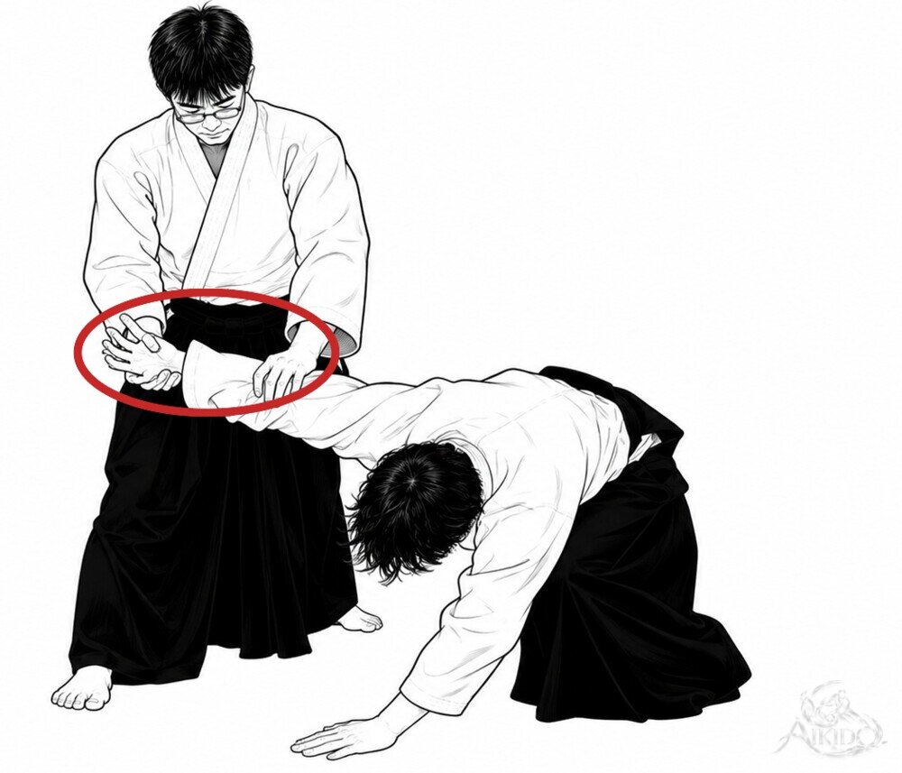 나아가며 상대를 무너뜨린다 — 2. 두 손으로 손목을 제압한 채 더 나아가 엎드리게 한다.