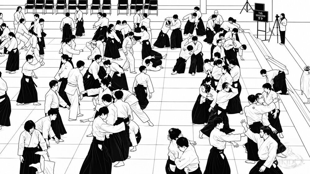 아이키도 수련 풍경. 여러 쌍이 함께 수련한다.