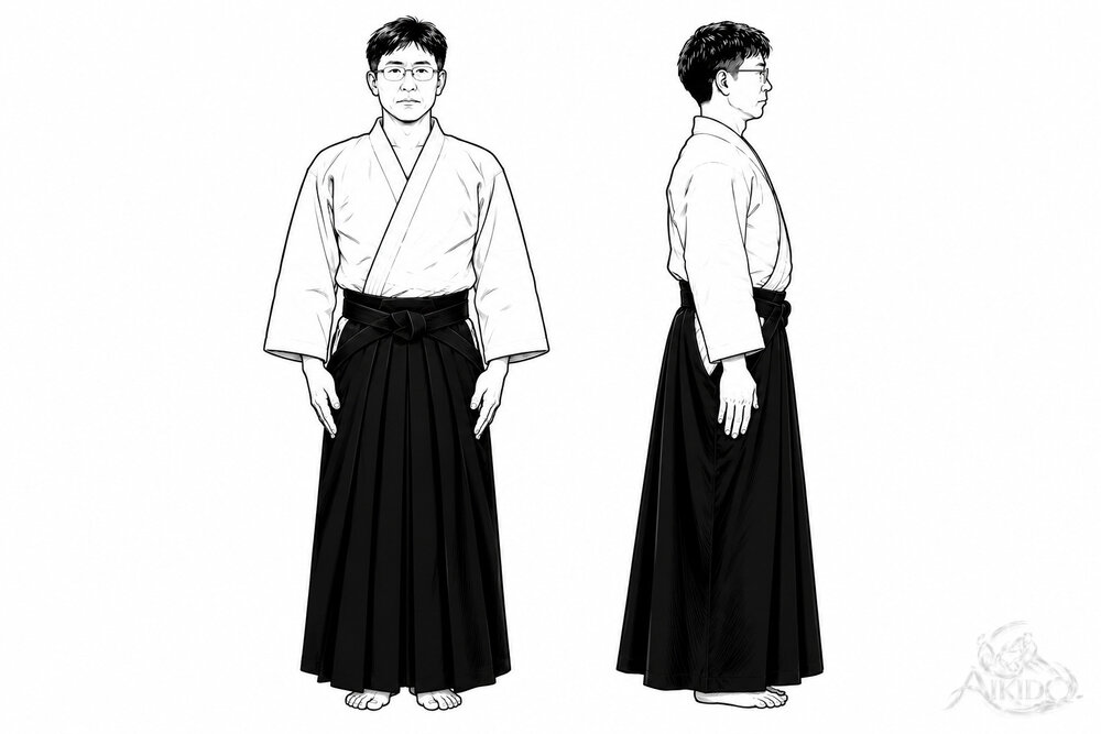 하카마 차림. 정면과 옆모습.