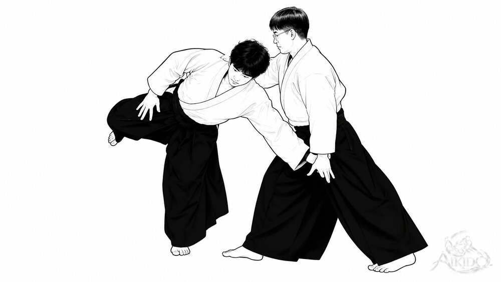 전환은 크게. 뒷발을 크게 당기며 수도를 베어 내려 무너뜨린다.