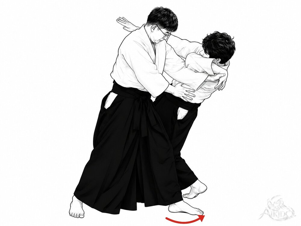 전환보법에서 회전보법으로 — 전환보법. 앞발을 축으로 뒷발을 크게 돌려 상대 옆으로 몸을 옮긴다.