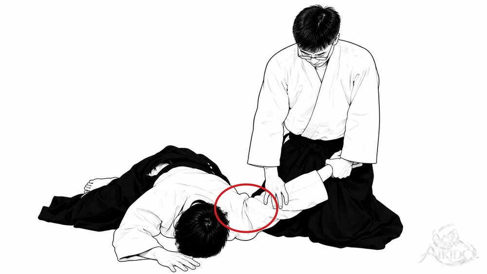 누르는 요점 — 1. 상대의 어깨를 바닥에 붙인다.