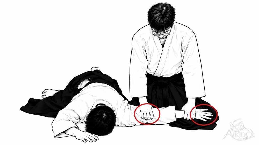 누르는 요점 — 2. 팔꿈치를 누르고 손바닥은 위로.