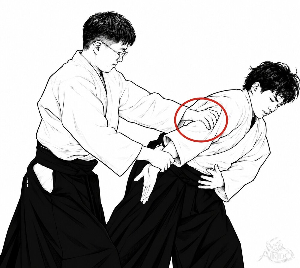 팔꿈치를 돌리며 베어 내린다 — 2. 잡은 팔꿈치를 앞으로 돌리며 베어 내린다.