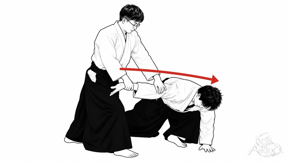 배의 힘으로 제압한다 — 1. 배(단전)에서 나온 힘을 팔꿈치로 전해 앞아래로 누른다.