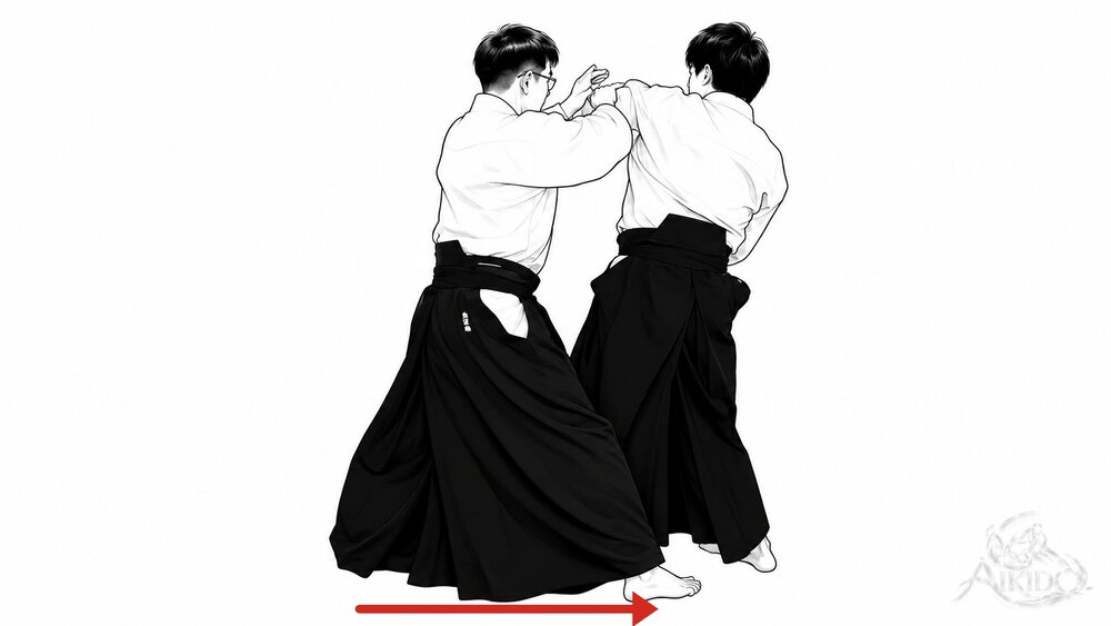 뒷발을 상대 앞발 바깥쪽으로 — 2. 뒷발을 상대 앞발 바깥쪽으로 내딛어 입신한다.