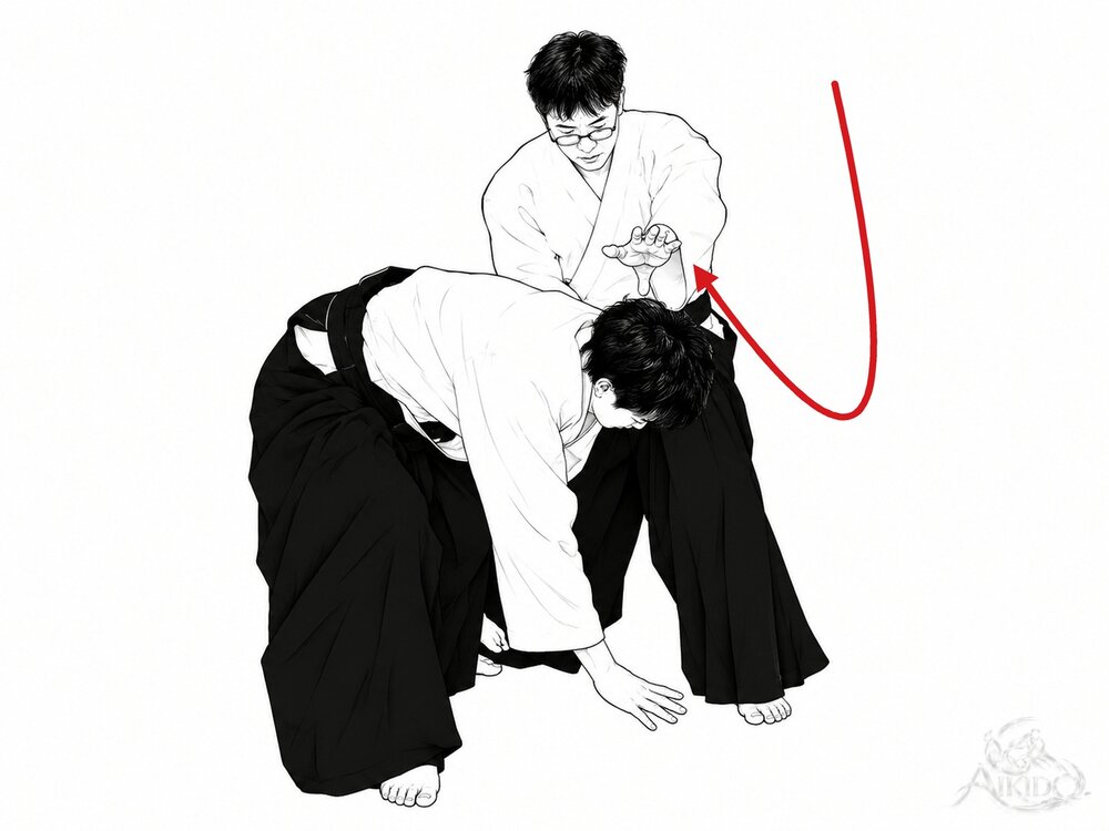한손 잡기 내회전 던지기의 요점 — 2. 베어 내리며 앞발을 크게 당기면 상대 머리가 내려간다. 베어 내린 손은 위로 돌린다.