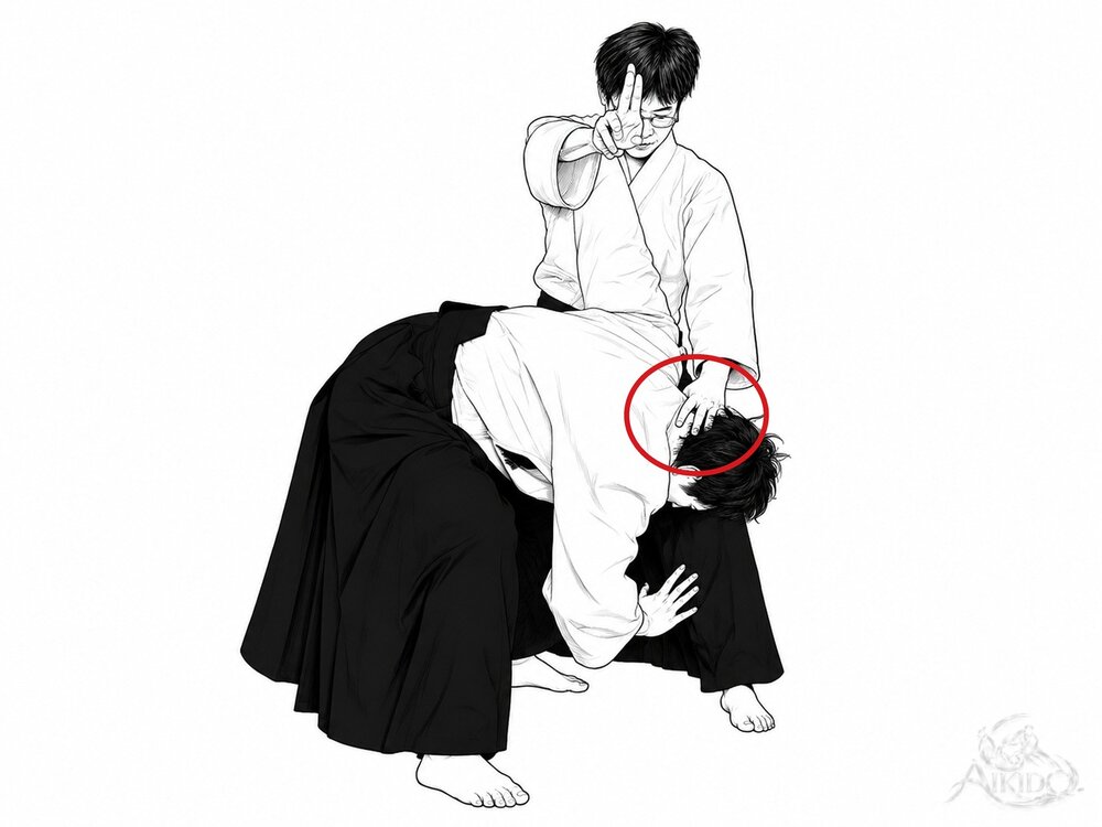 한손 잡기 내회전 던지기의 요점 — 3. 그 순간 상대 뒷머리를 누르듯 제압한다.