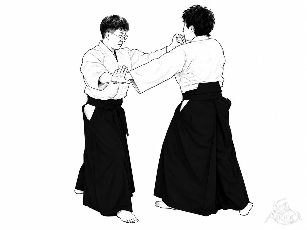 외회전 던지기의 요점 — 1. 수도를 바깥으로 쳐 내고 겨드랑이를 붙이며 나선형으로 베어 올린다.