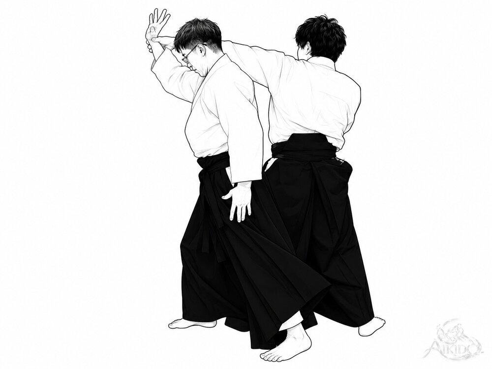 외회전 던지기의 요점 — 3. 상대와 나란히 서서 수도를 확실히 세운다.