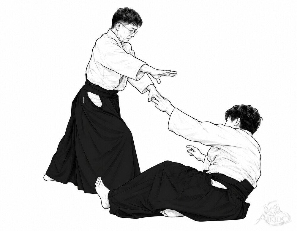 4. 위아래로 나뉜 상대가 뒤로 넘어진다. 던진 뒤에도 눈을 떼지 않는다.