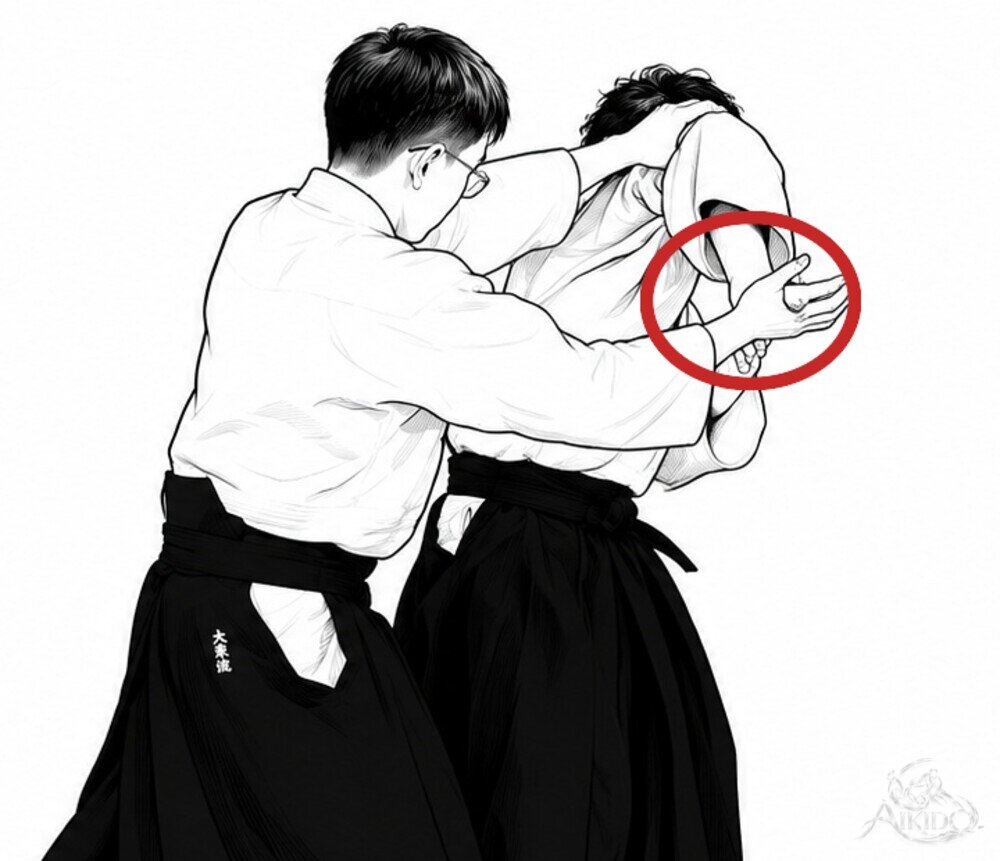 상대의 손을 어깨 앞으로 이끈다 — 1. 입신하며 상대의 손을 잡는다.