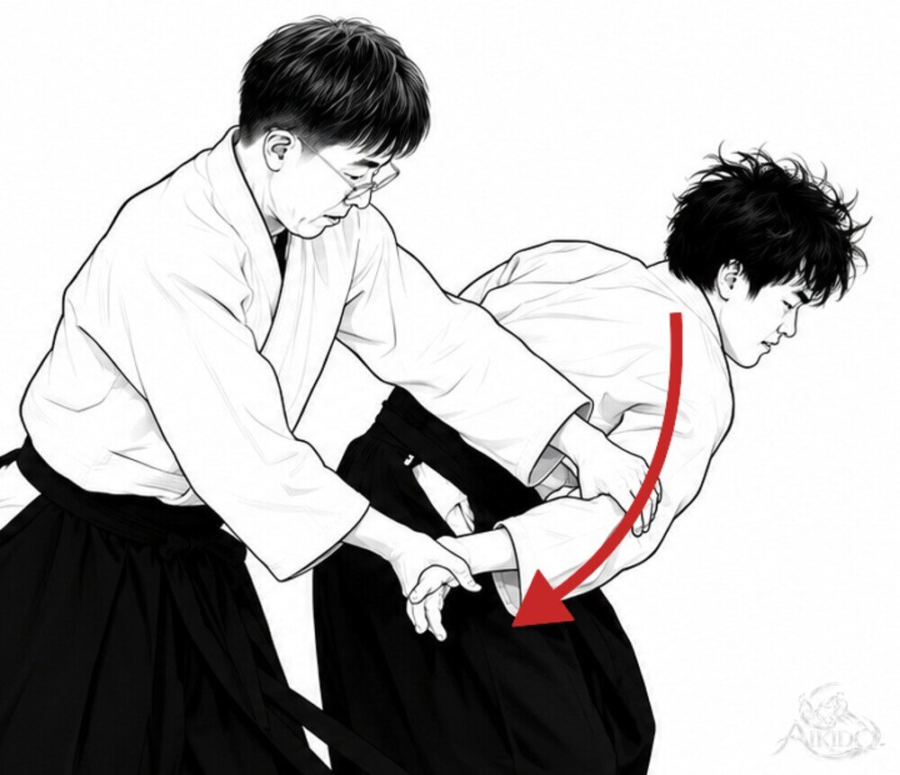 상대의 손을 어깨 앞으로 이끈다 — 2. 전환하며 손을 베어 내린다.