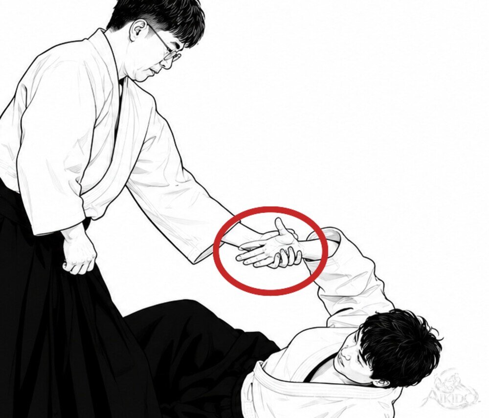손끝을 고쳐 잡는 법 — 1. 팔꿈치를 잡던 손으로 상대 손을 옮겨 잡는다.