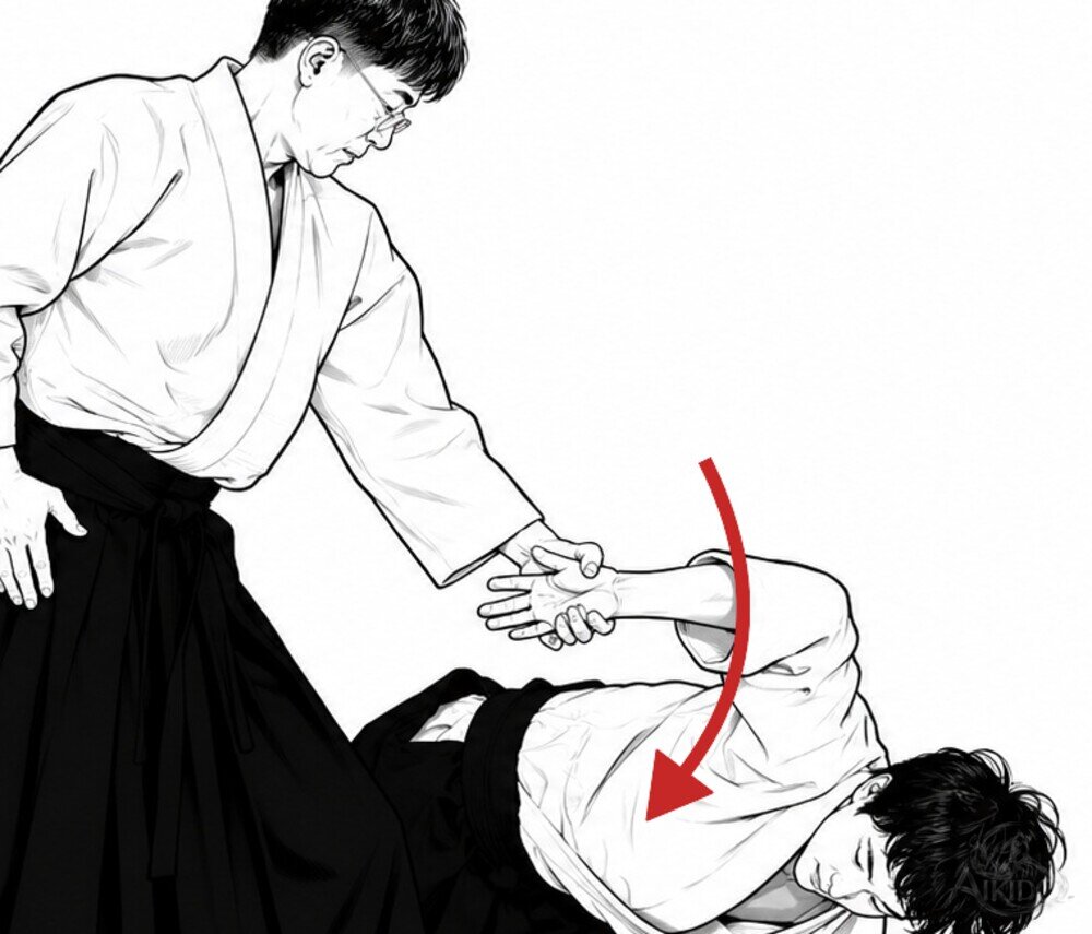 손끝을 고쳐 잡는 법 — 2. 겨드랑이를 붙이고 안쪽으로 짜듯 비틀며 베어 내린다.