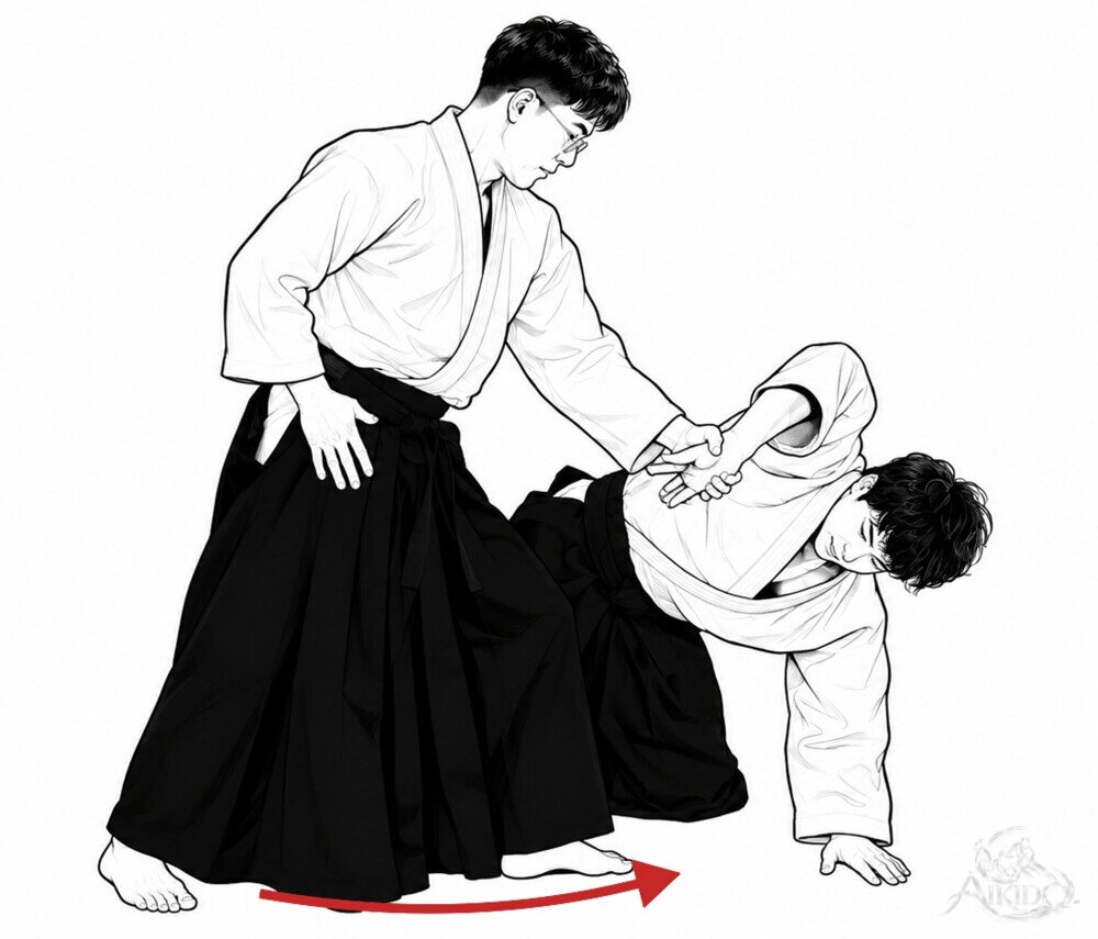 입신에서 전환을 써서 — 1. 오른발을 앞으로 내딛어 입신한다.