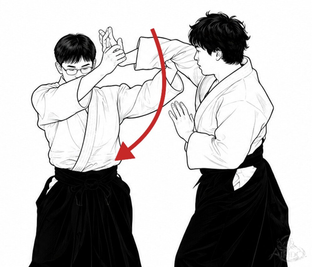 몸의 중심으로 베어 내린다 — 1. 두 손을 크게 베어 올린다.