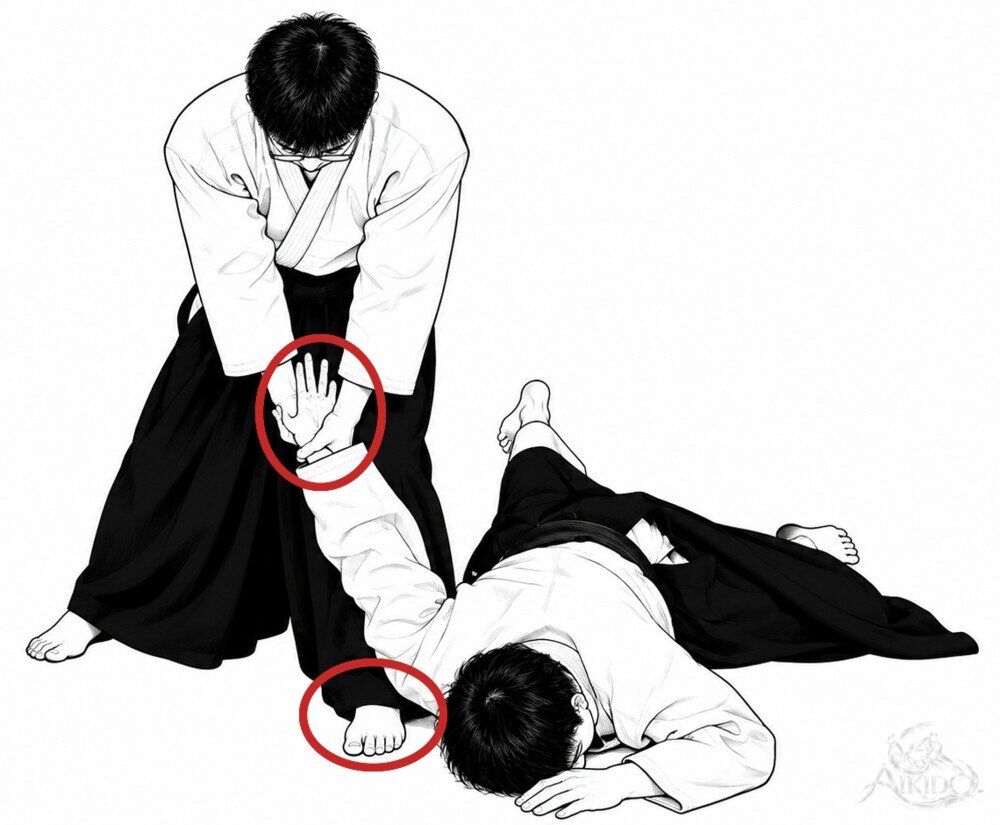 손목 제압하는 법 — 1. 오른발을 상대 어깨 앞에 붙이고, 상대의 팔은 높게 잡아 둔다.
