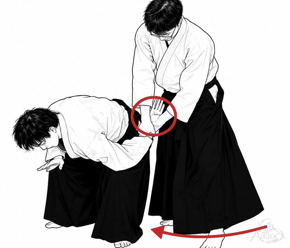 전환하며 손을 고쳐 잡는다 — 1. 오른손으로 팔꿈치를 제압하며 전환해 아래로 이끈다.
