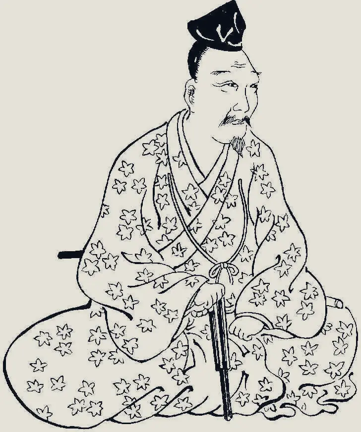 칼을 무릎에 세우고 앉은 이이자사 쵸이사이를 그린 그림
